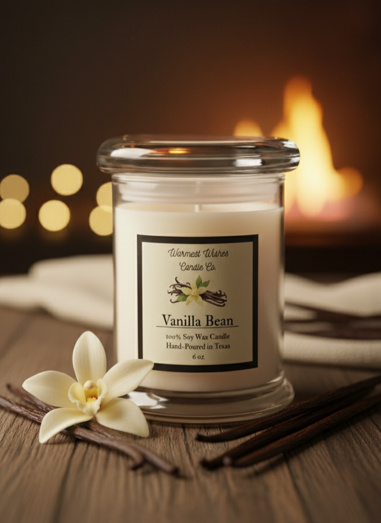 Vanilla bean candle with a vanilla flower and vanilla pod on a wooden surface with a blurred background of lights.